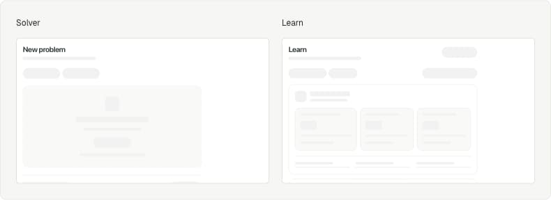 Solver and Learn loading layouts, with an upload area for Solver and course cards for Learn