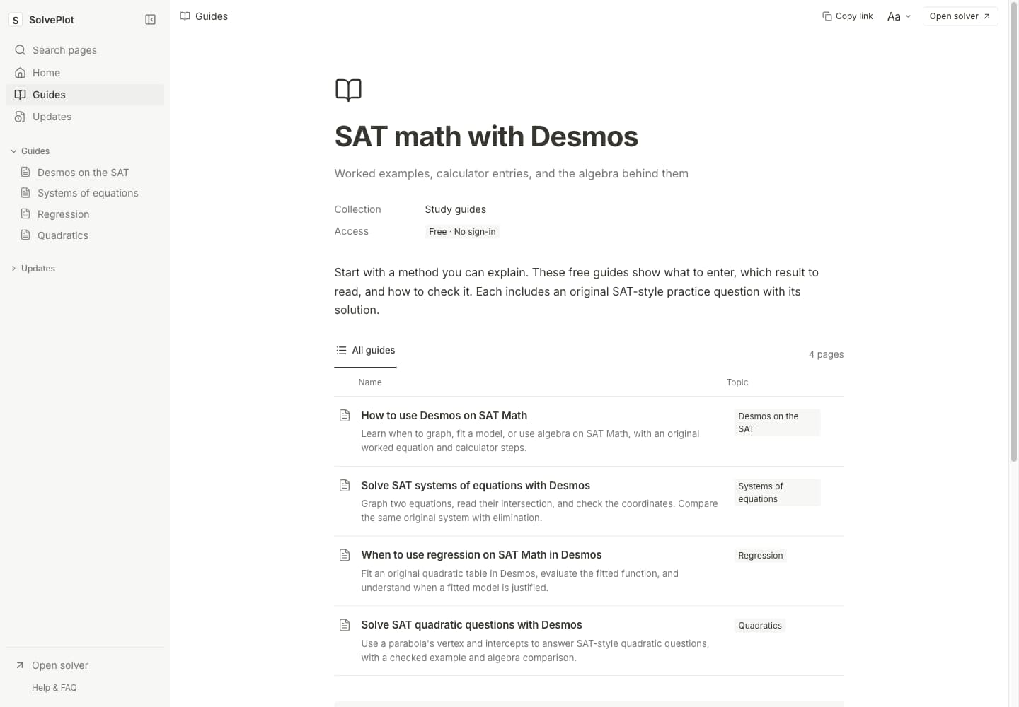 SolvePlot public guide directory with worked topics for Desmos, systems, regression, and quadratics