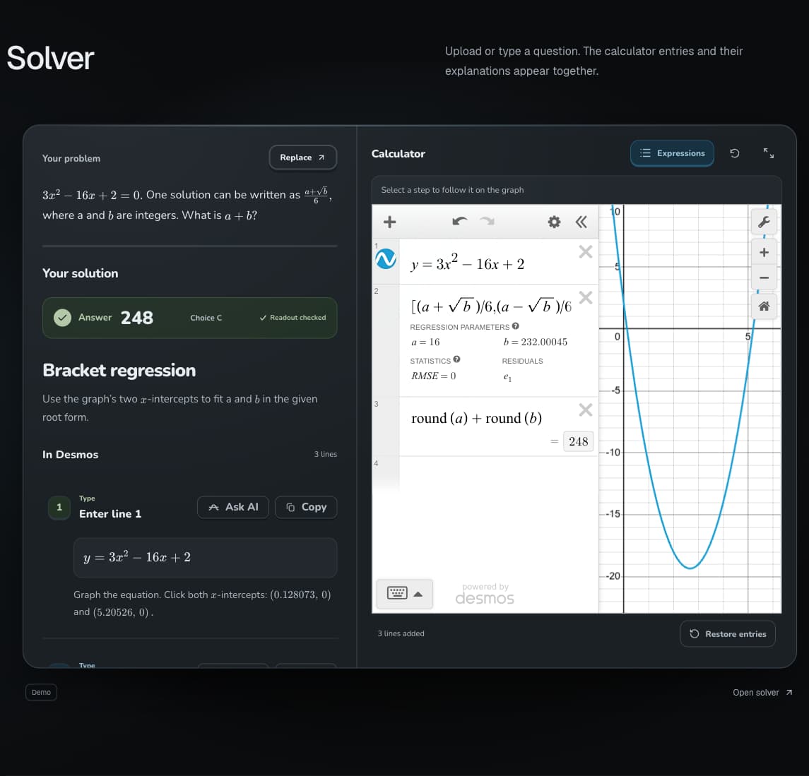 SolvePlot's public sample with a bracket regression and a checked readout in Desmos